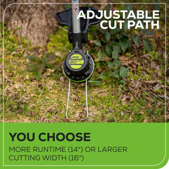 Greenworks trimmer full length beside a yard tool for size and scale benefit