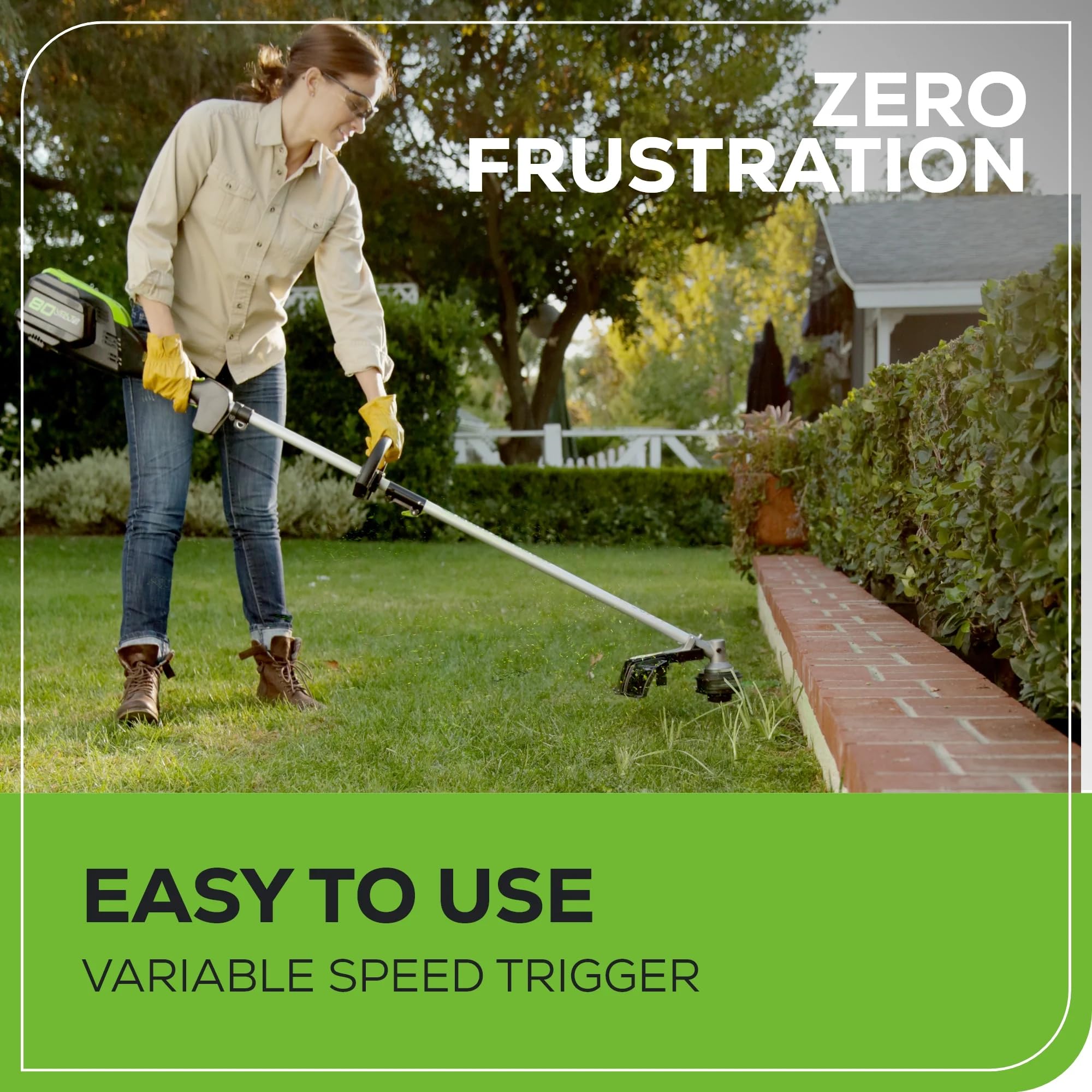 Greenworks trimmer handle and trigger close-up offering variable-speed control benefit