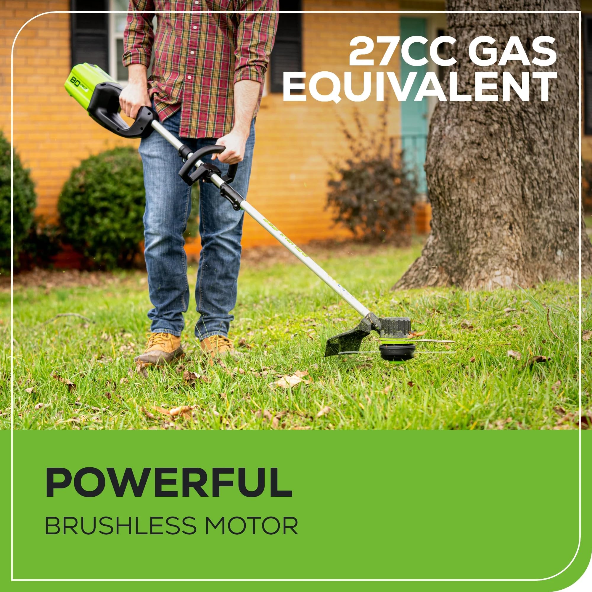 Greenworks trimmer bump-feed head being tapped to advance line for quick workflow benefit