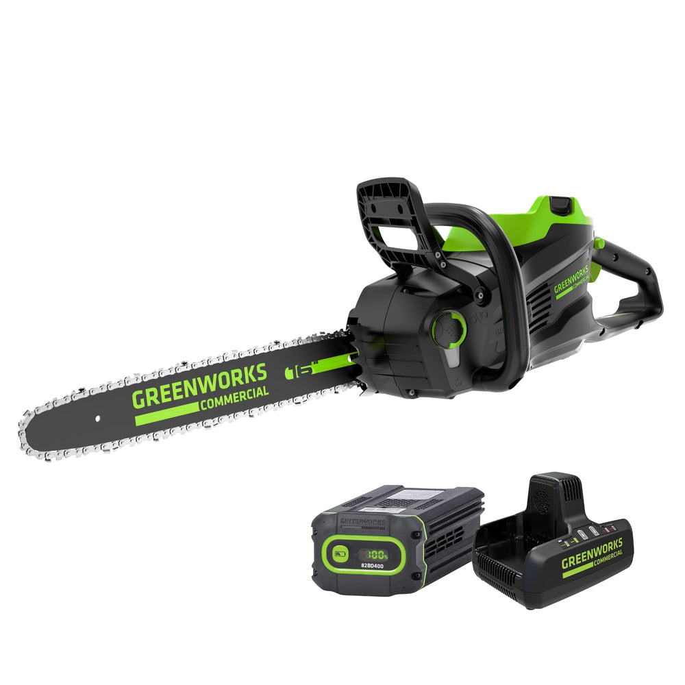 Greenworks 82V front view showing saw and bar, highlighting power