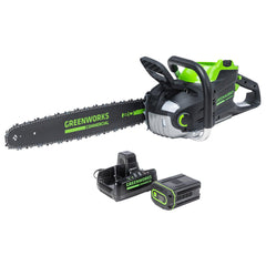 Greenworks chainsaw front view showing 20-inch bar and commercial build benefit