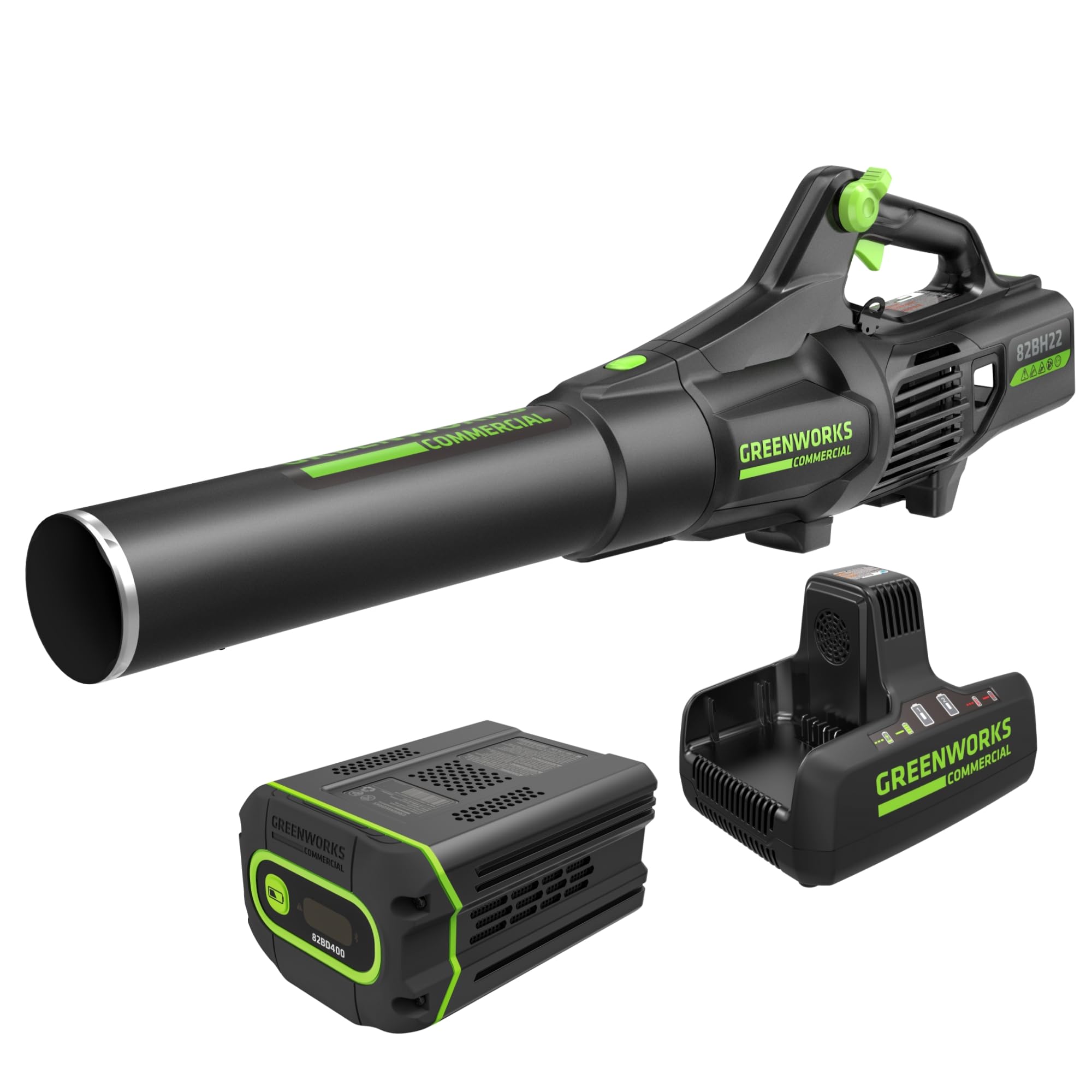 Greenworks 82V front view showing a compact professional blower with strong airflow benefit
