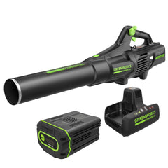 Greenworks 82V front view showing a compact professional blower with strong airflow benefit