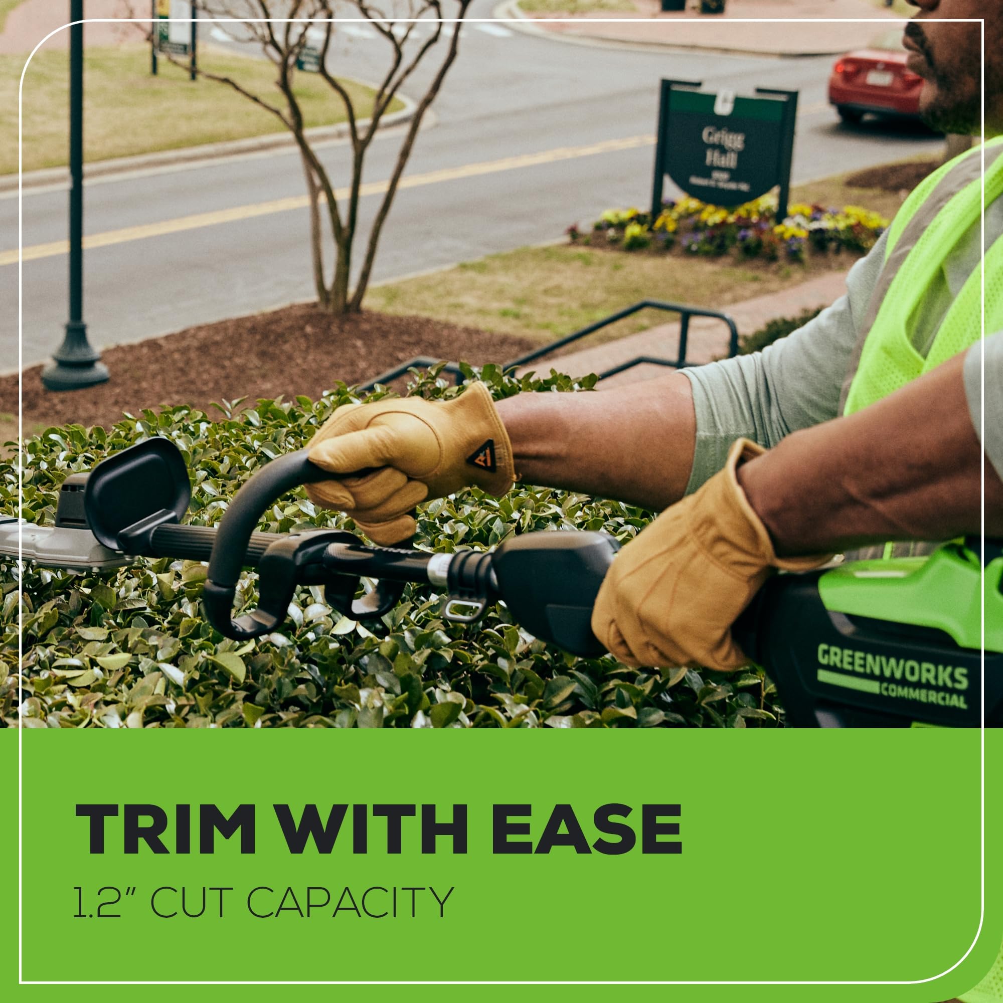 Greenworks 82V in a residential yard illustrating quieter cordless operation benefit