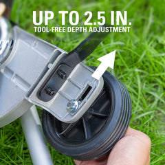 Greenworks attachment mounted on trimmer in use creating crisp lawn edges benefit