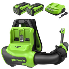 Greenworks backpack blower front view showing compact design and easy handling