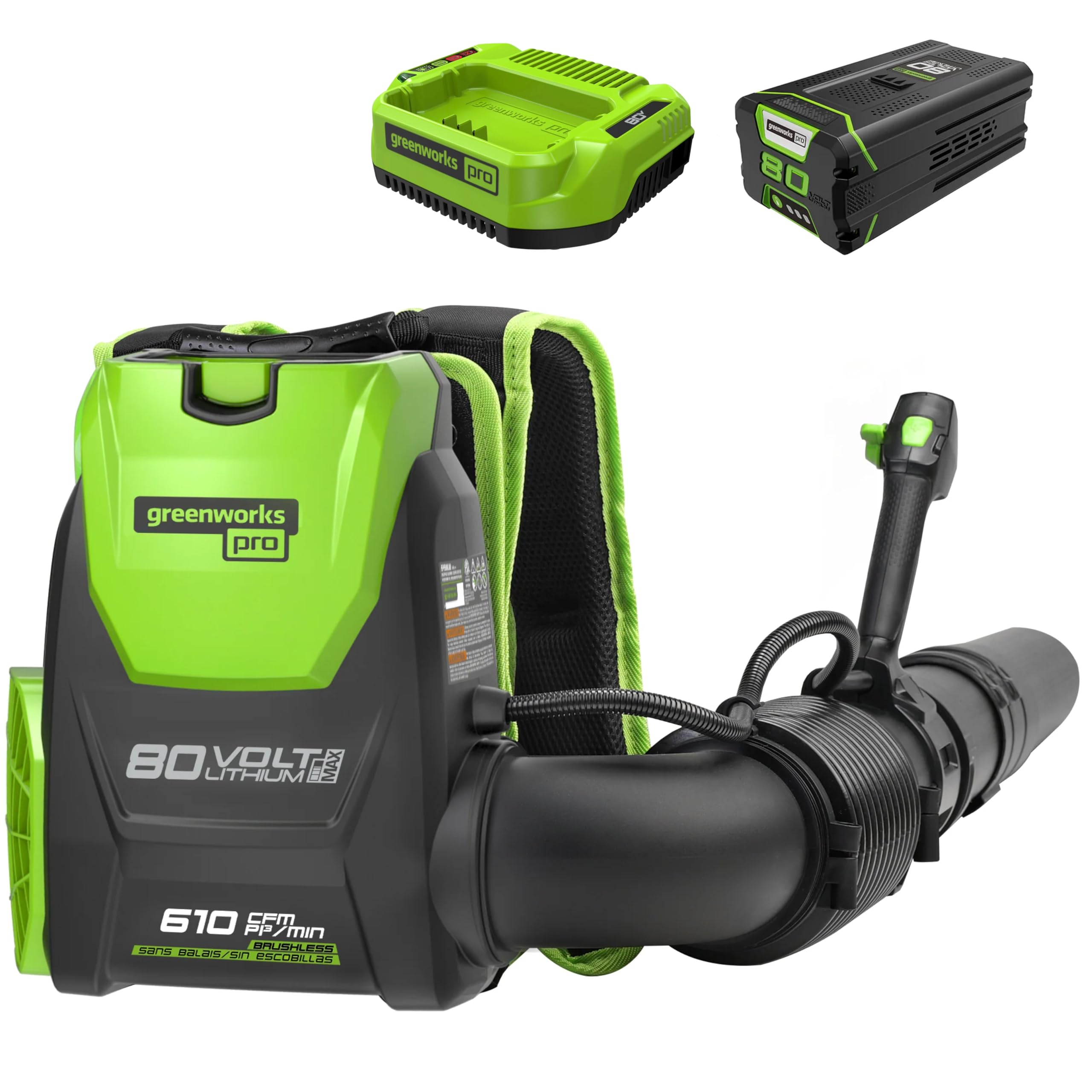 Greenworks backpack blower front view showing controls and comfort benefit