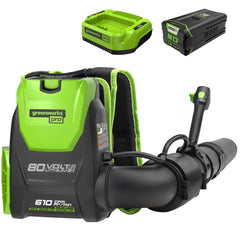 Greenworks backpack blower front view showing controls and comfort benefit