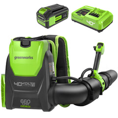 Greenworks backpack blower front view showing compact housing and airflow benefits