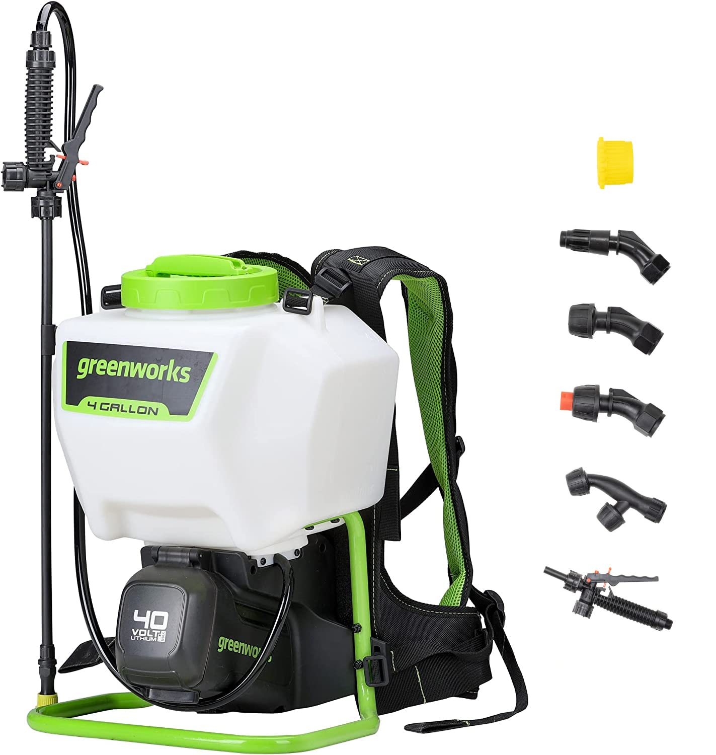 Greenworks front view of backpack sprayer showing tank and handle, clear capacity benefit