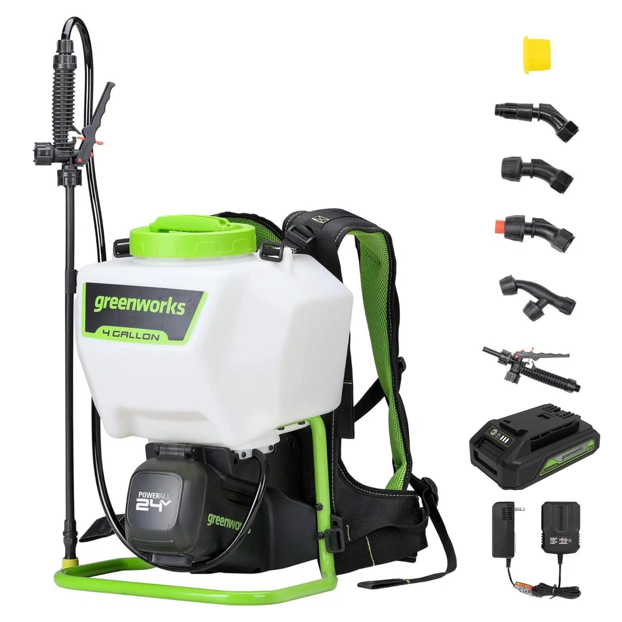 Greenworks backpack sprayer front view showing controls and compact frame for easy handling
