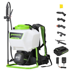 Greenworks backpack sprayer front view showing controls and compact frame for easy handling