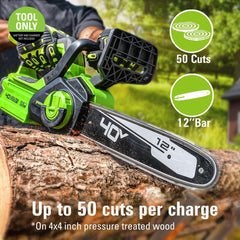 Greenworks close-up of 12-inch bar and low-kickback chain for safer cutting