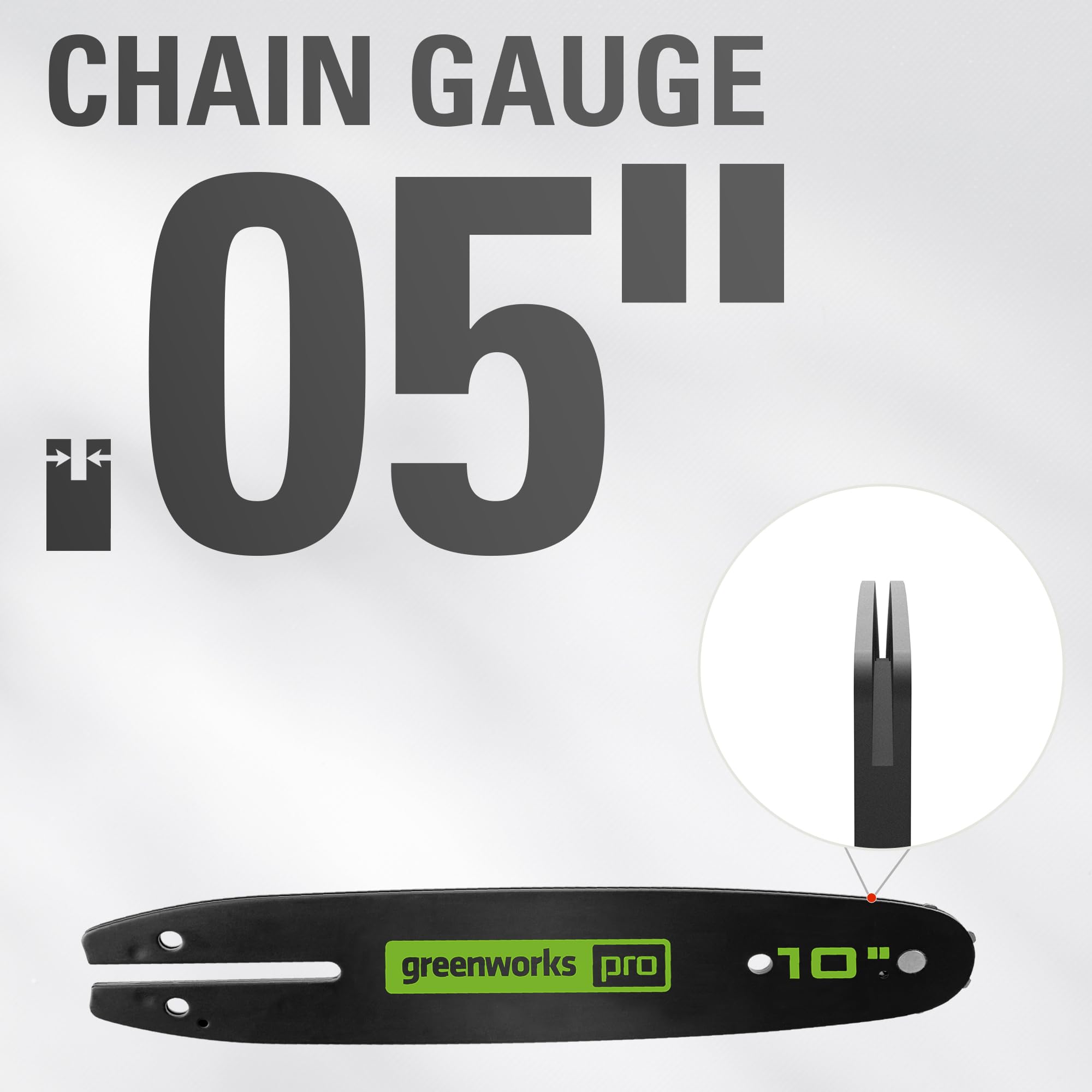 Close-up of Greenworks chain teeth and .050" gauge for precise cutting benefit