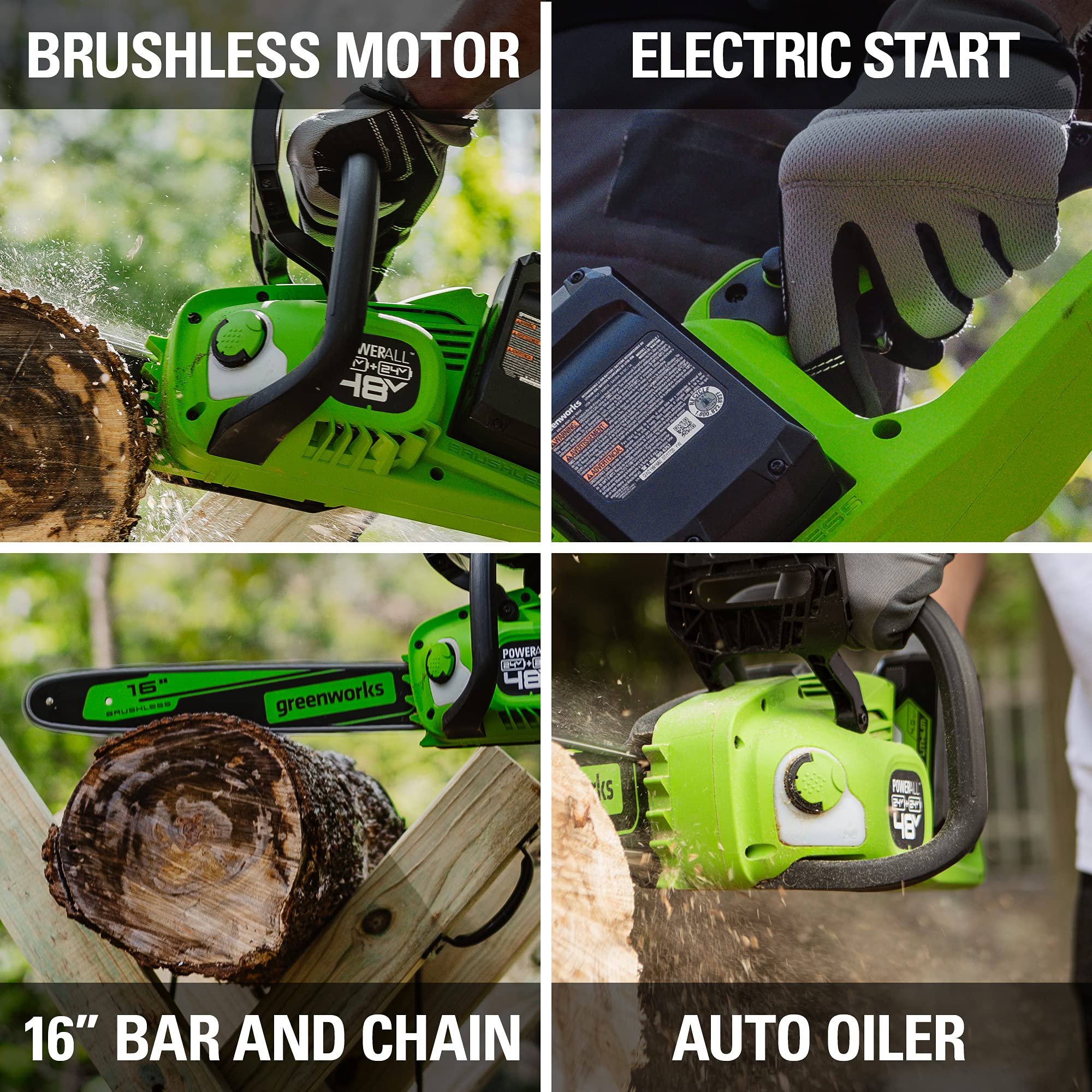 Greenworks 16-inch bar and chain close-up showing durable cutting edge