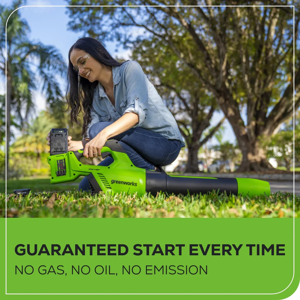 Greenworks blower rear with batteries installed for extended runtime benefit