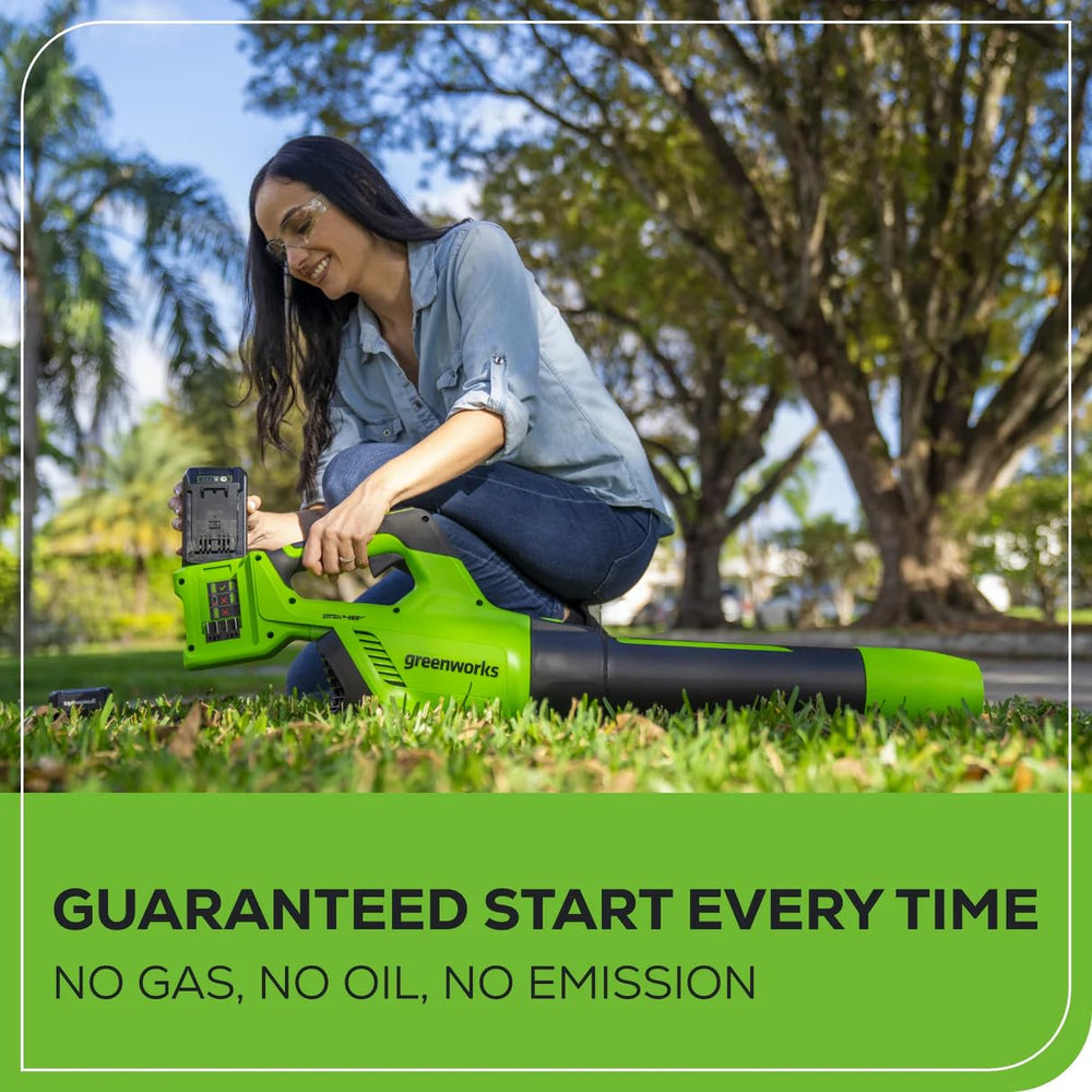 Greenworks blower rear with batteries installed for extended runtime benefit