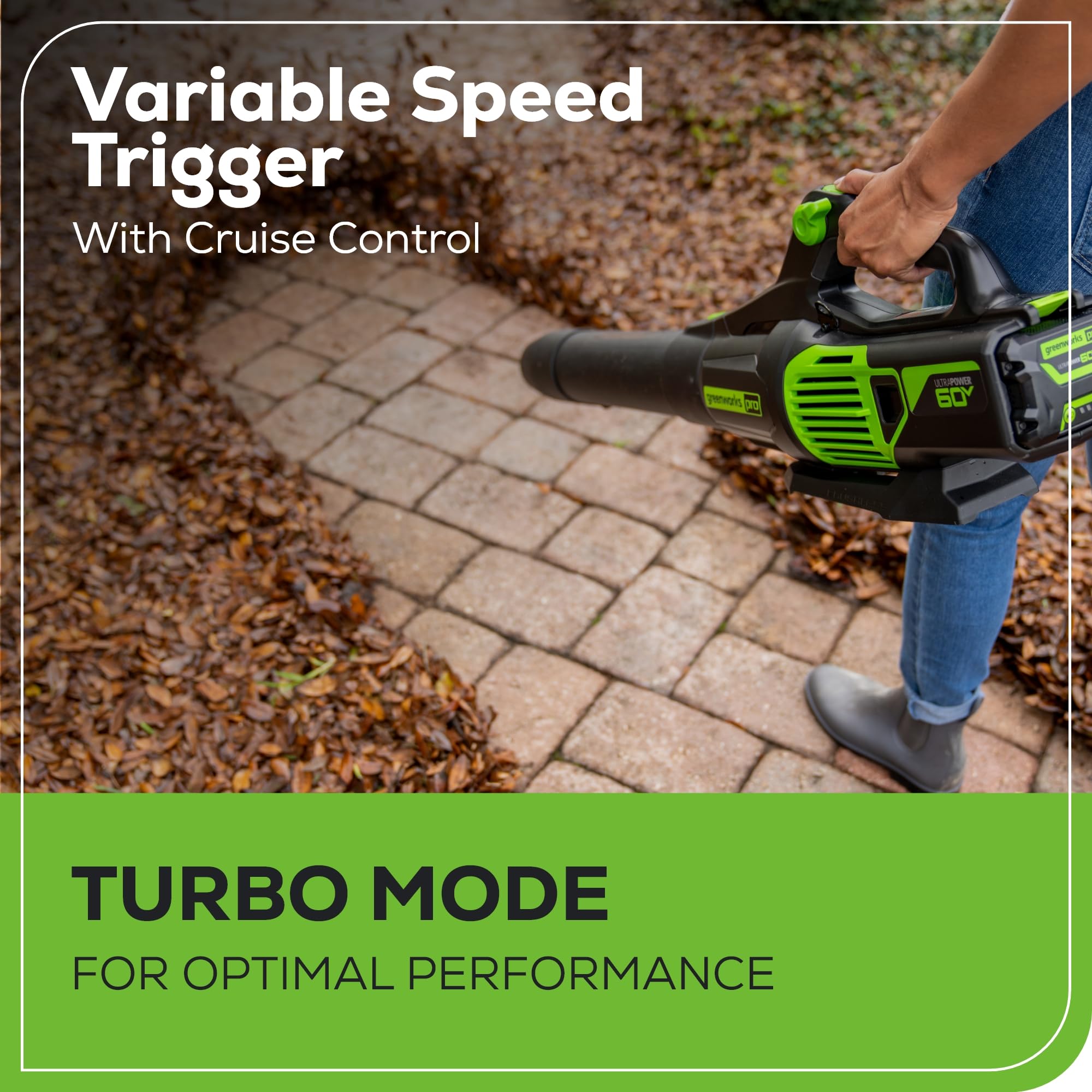 Greenworks 5.0Ah battery mounted showing longer runtime benefit
