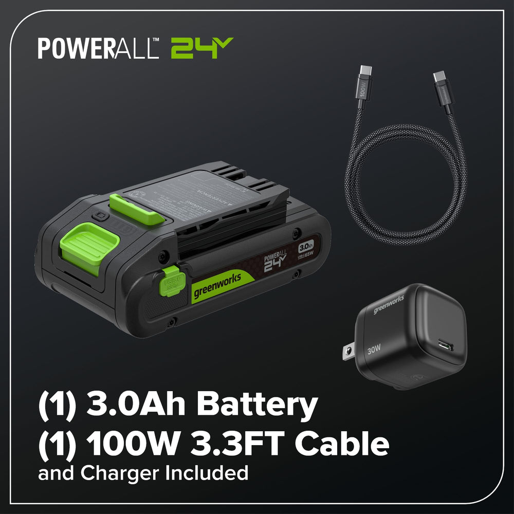 Greenworks 3.0Ah battery and 30W USB-C charger for quick recharging benefit