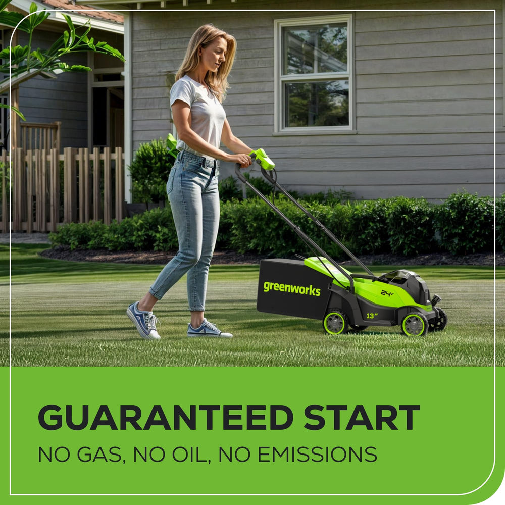 Greenworks 24V 4.0Ah battery and charger kit displayed for quick readiness