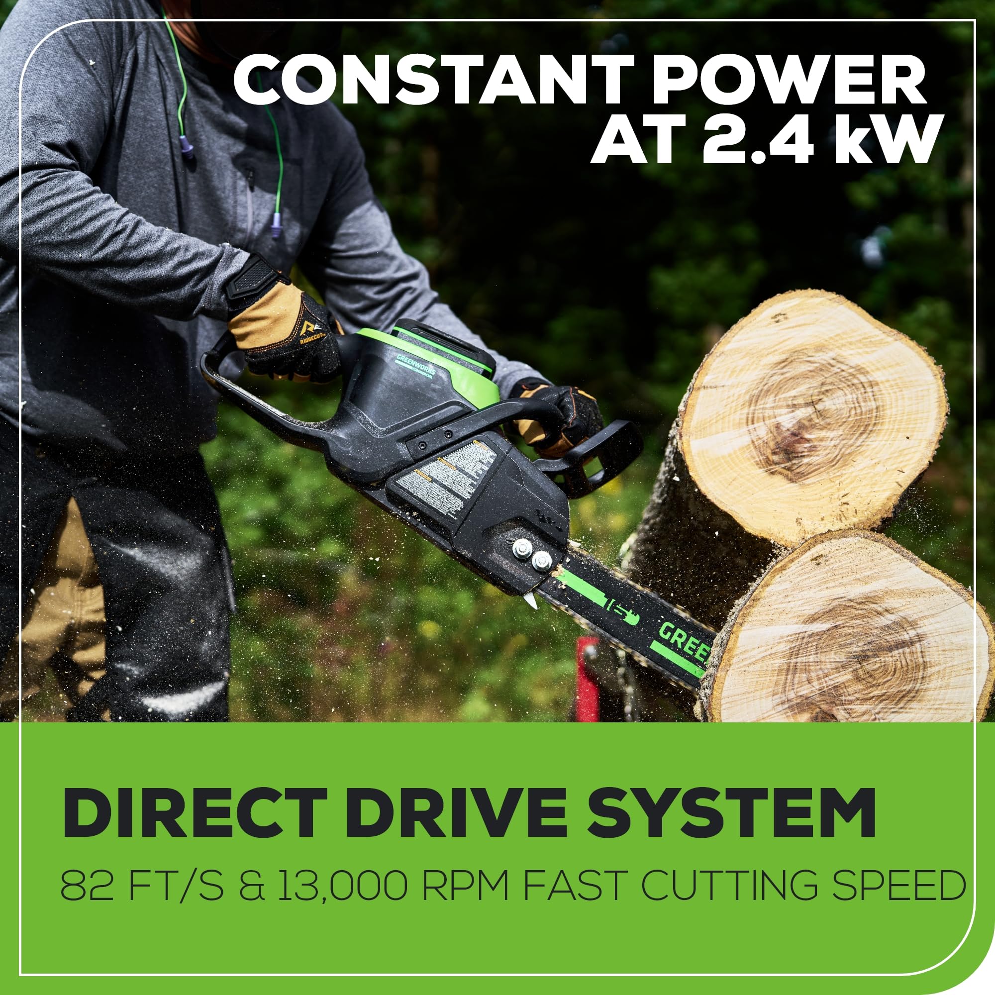 Greenworks battery and charger together, showing fast recharge benefit