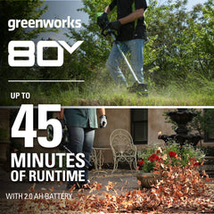 Greenworks 2.0Ah battery and rapid charger displayed for fast recharge benefit