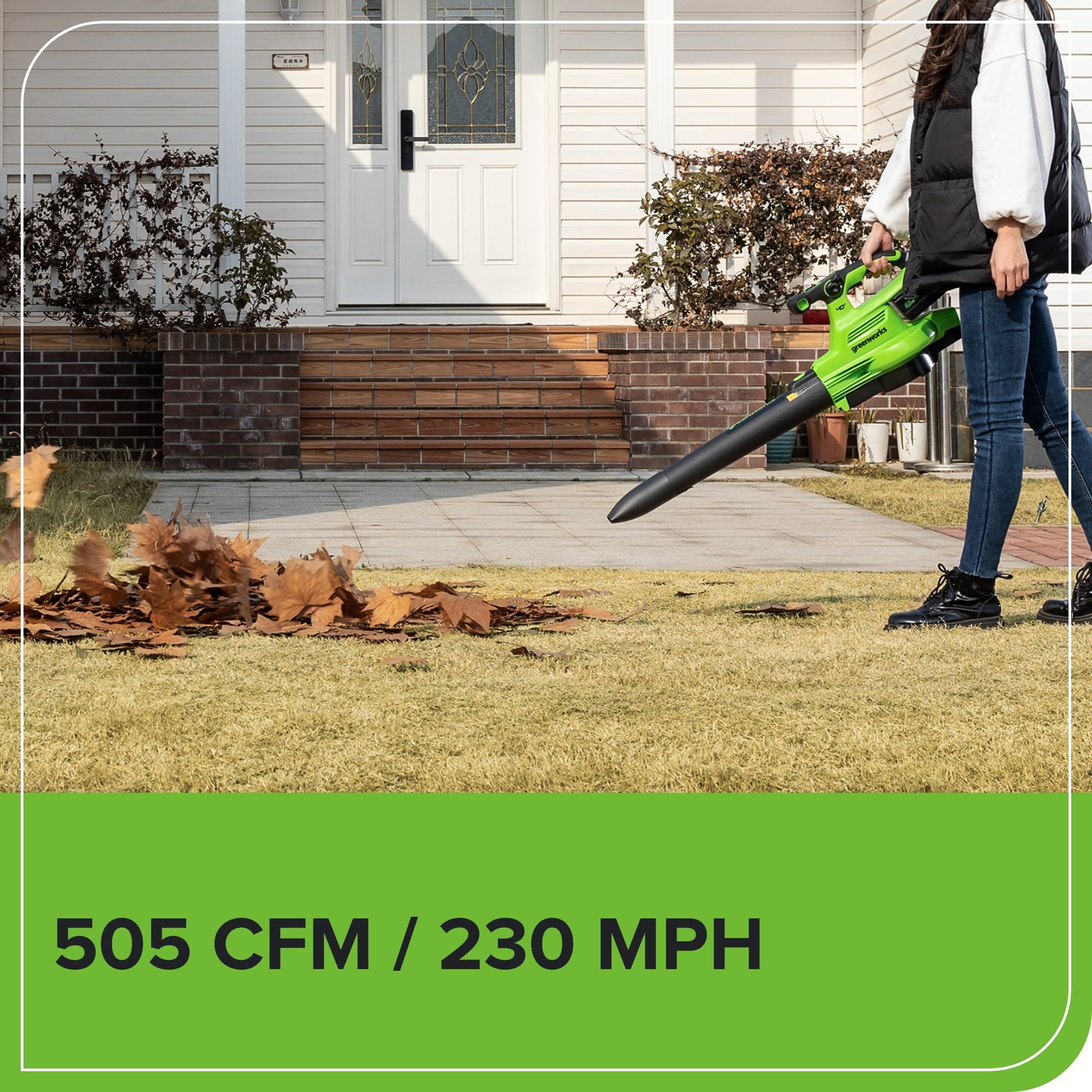 Greenworks 5.0Ah battery inserted with charger showing quick swap convenience and runtime benefit