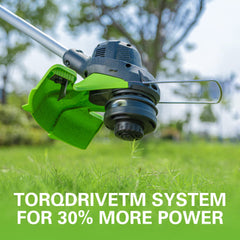 Greenworks 2.0Ah battery installed in trimmer offering up to 66 minutes runtime