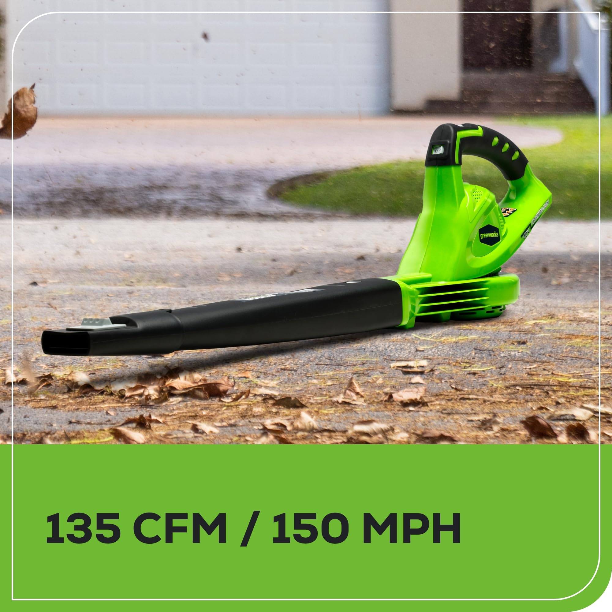Greenworks blower with 2.0 Ah battery installed for immediate cordless use benefit