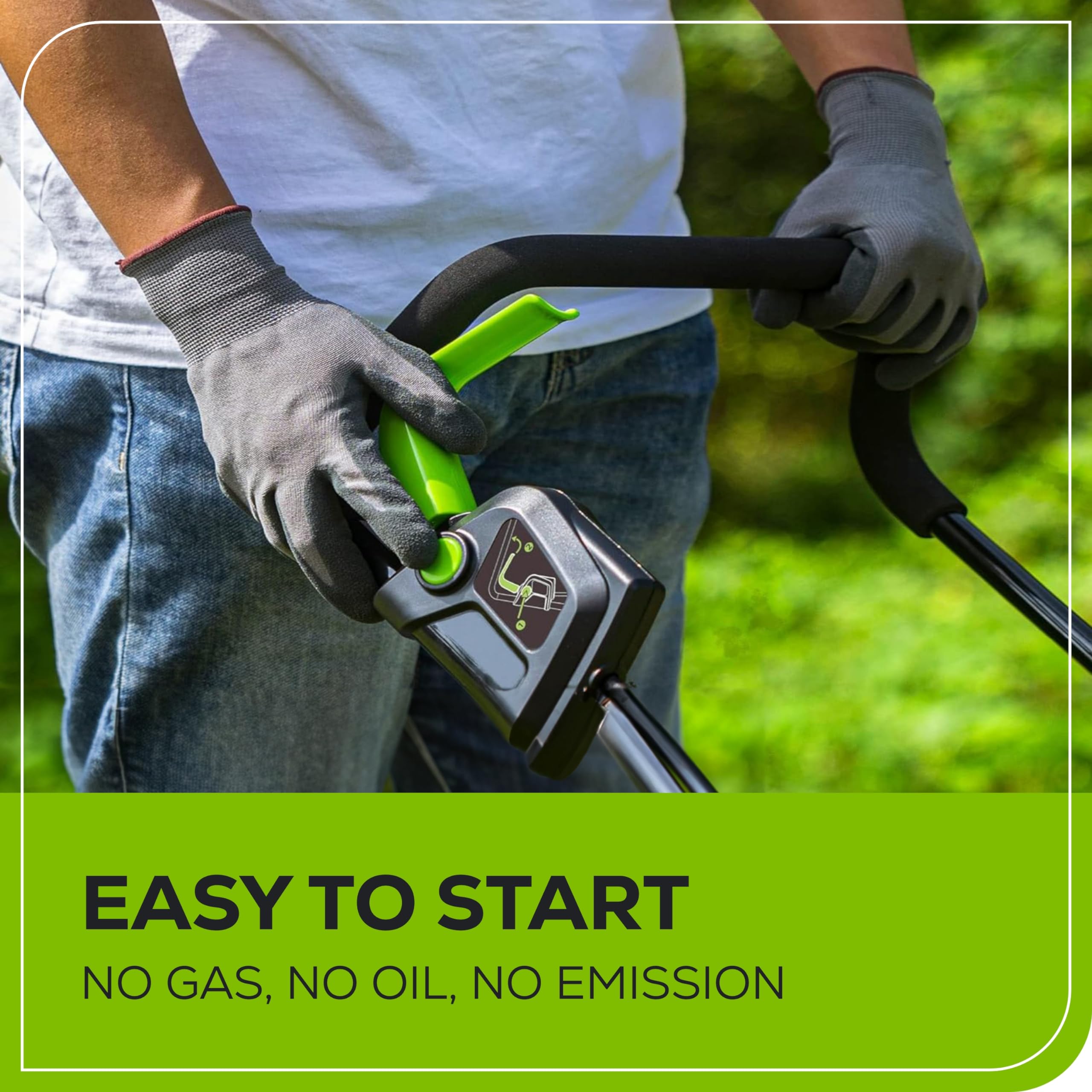 Greenworks battery installed in mower highlighting quick-swap convenience