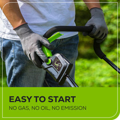 Greenworks battery installed in mower highlighting quick-swap convenience