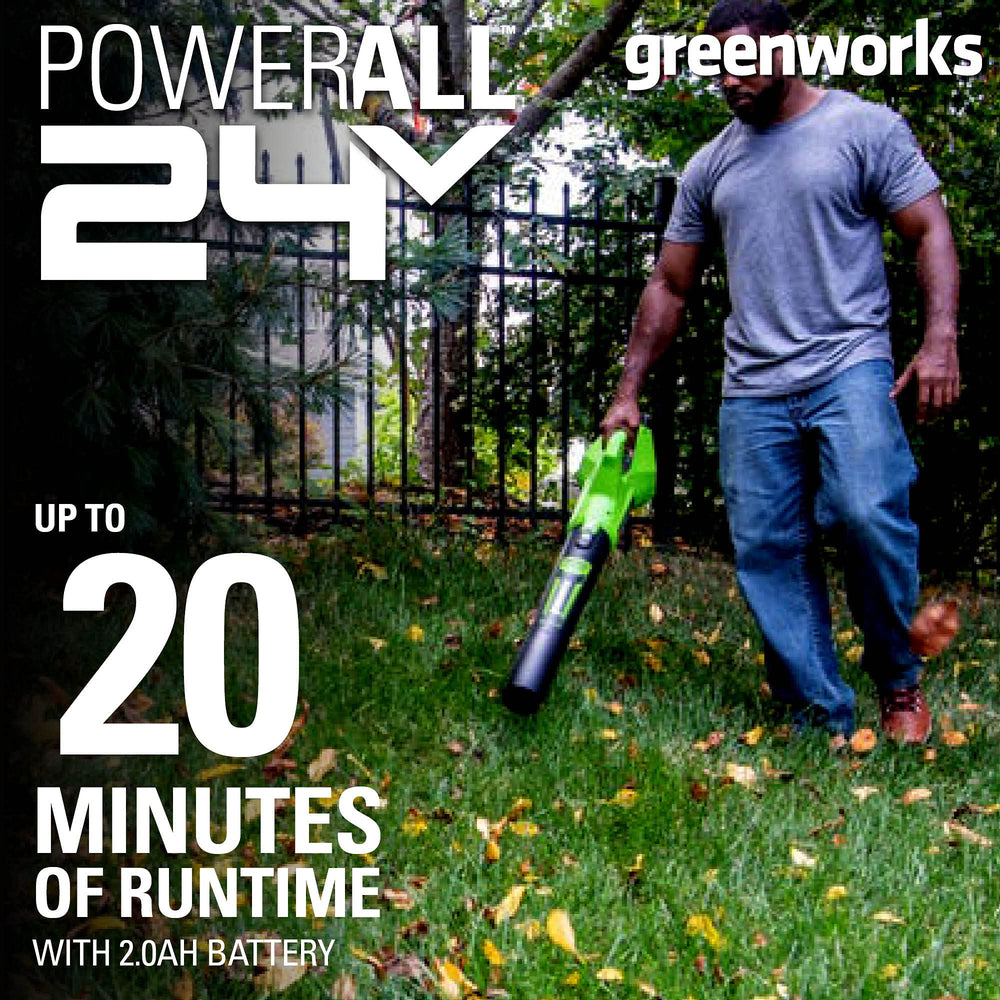 Greenworks 2.0Ah battery mounted on tool showing fade-free power advantage