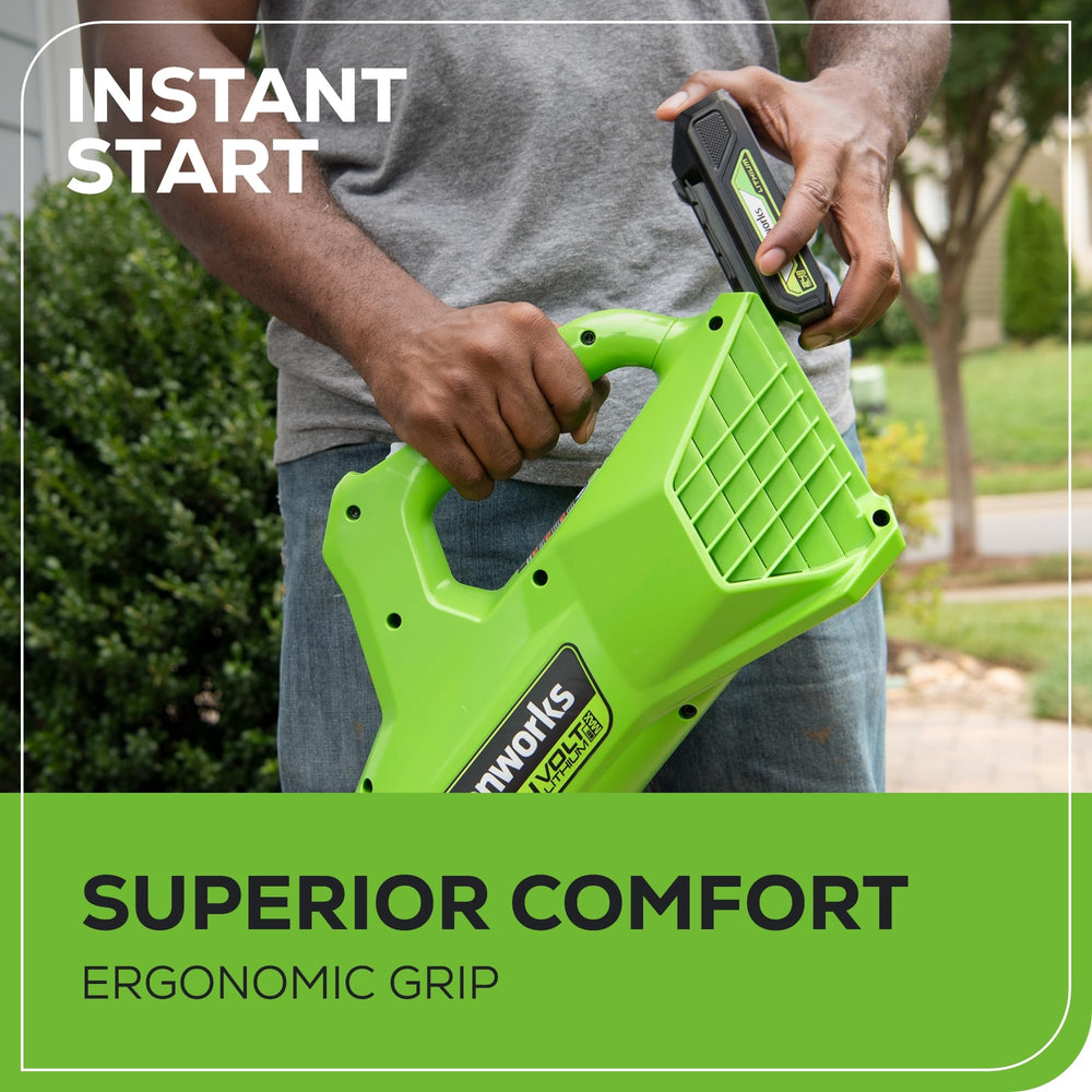 Greenworks 2.0Ah battery and charger display enabling immediate cordless use