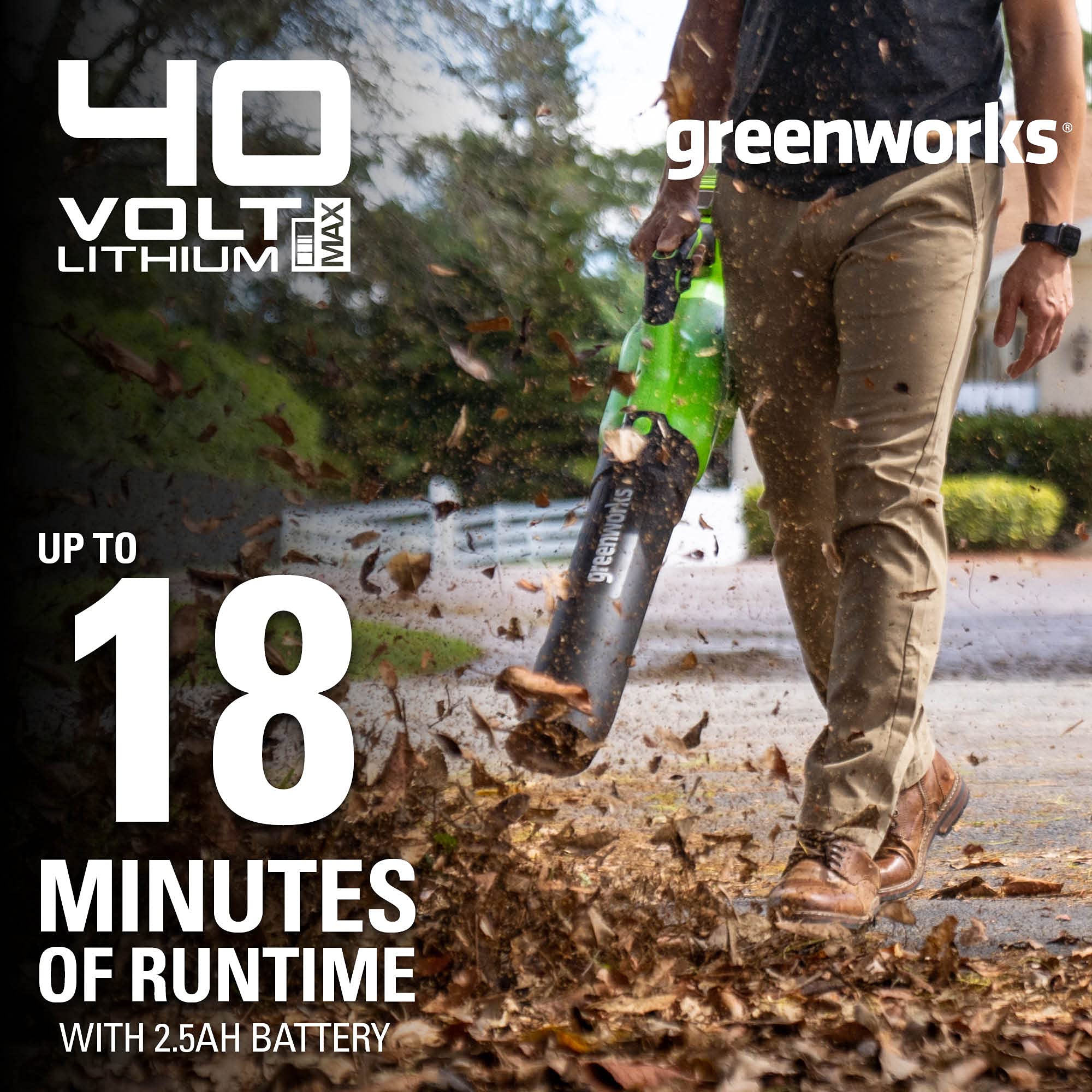 Greenworks blower with 2.5Ah battery installed for immediate cordless use