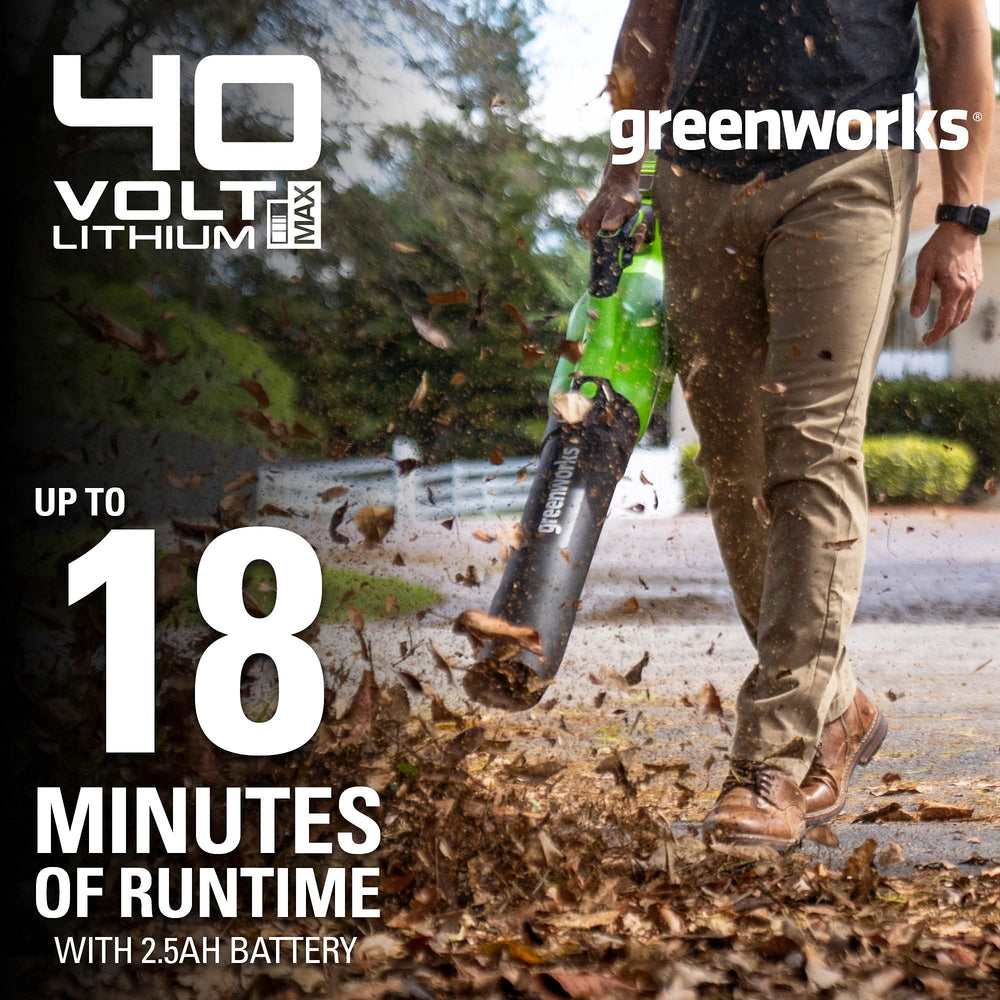 Greenworks blower with 2.5Ah battery installed for immediate cordless use