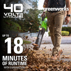Greenworks blower with 2.5Ah battery installed for immediate cordless use