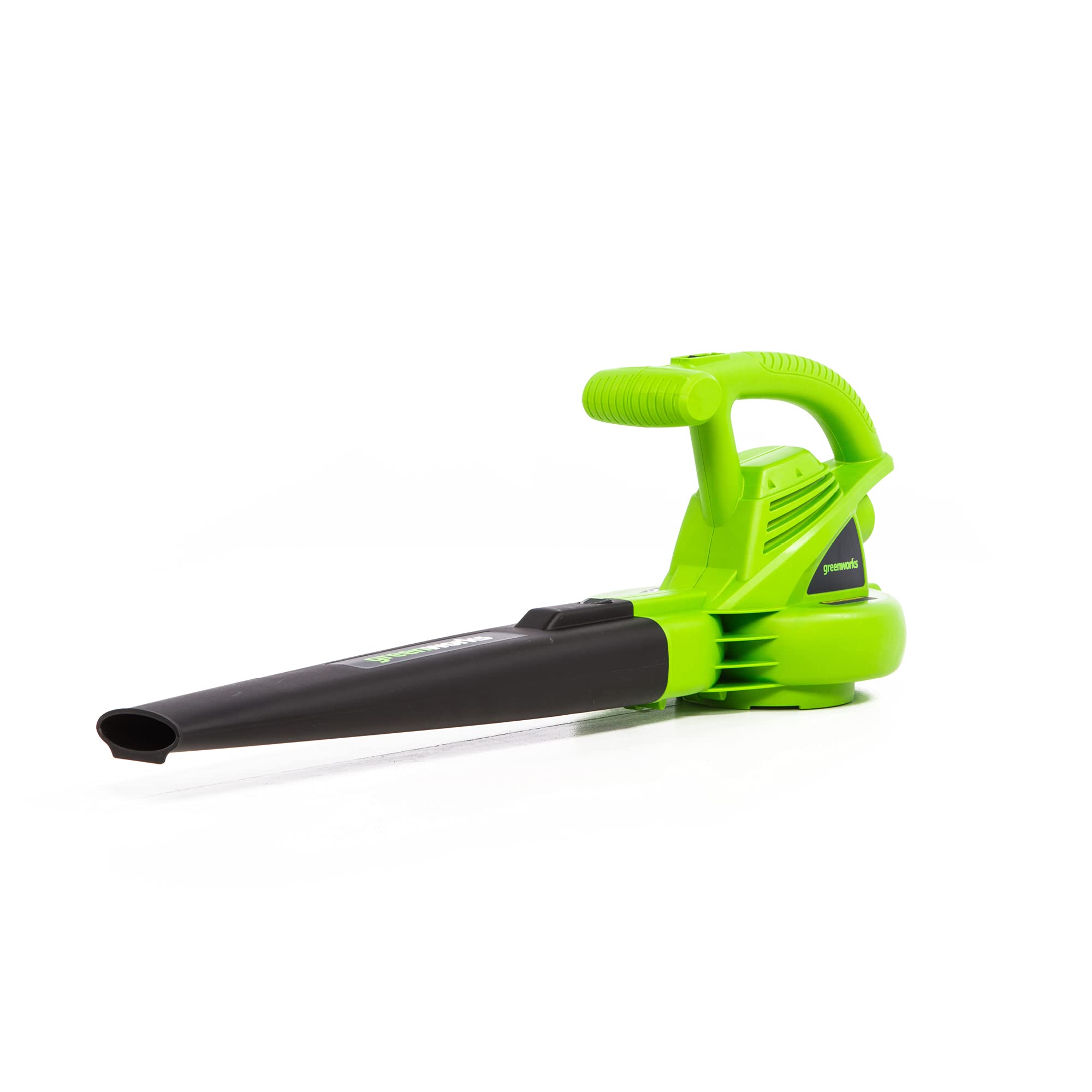 Greenworks blower front view showing compact design and powerful airflow