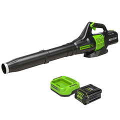Greenworks blower front view showing airflow and easy handling benefit