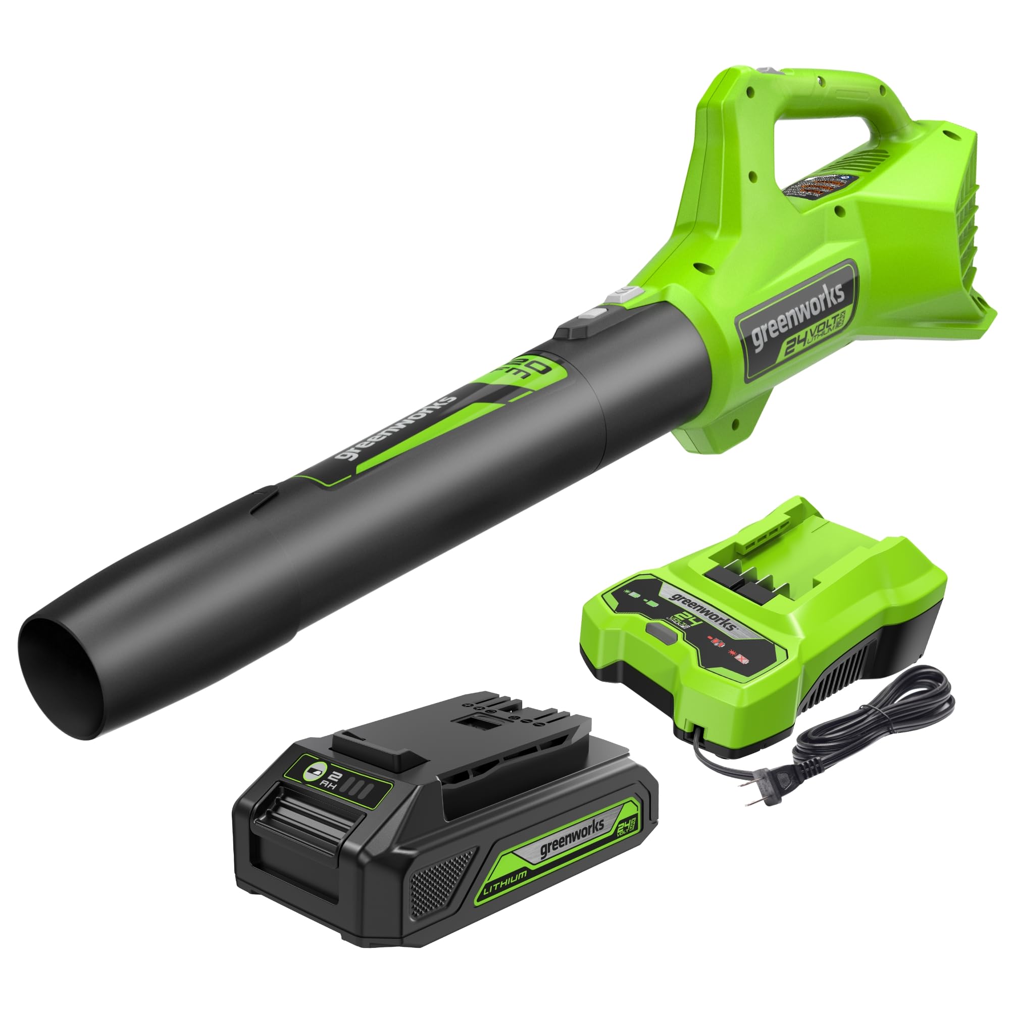 Greenworks blower front view showing compact design and portability benefit