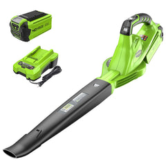 Greenworks blower front view showing compact design and fast cleanup benefit