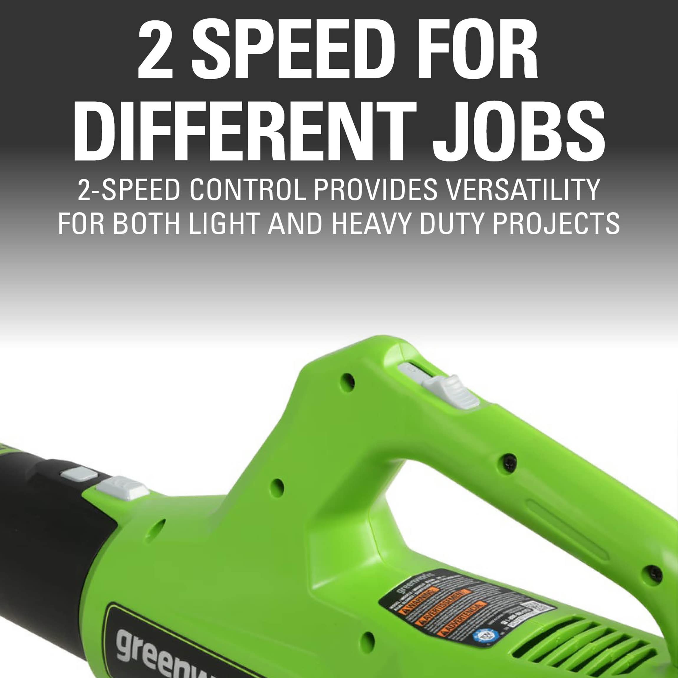 Greenworks blower in action clearing leaves showing powerful 320 CFM airflow benefit