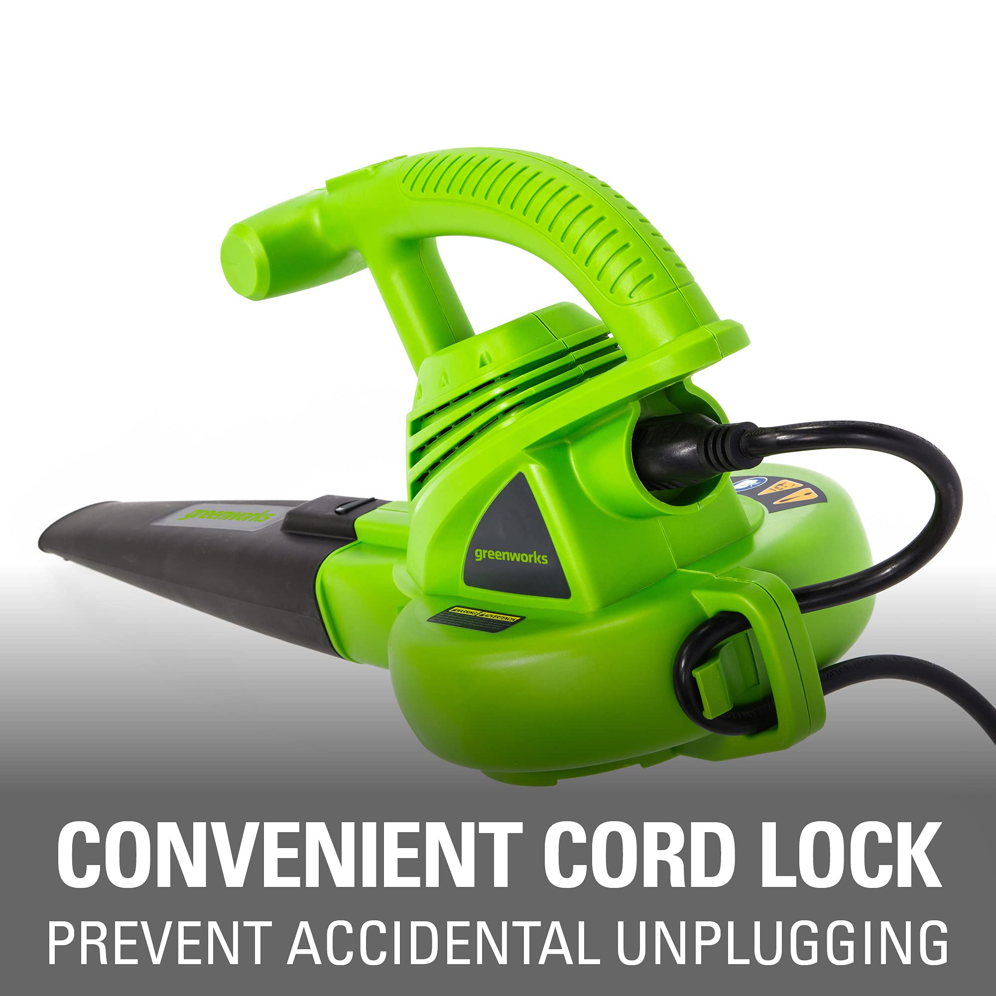 Greenworks blower in use on driveway clearing leaves efficiently
