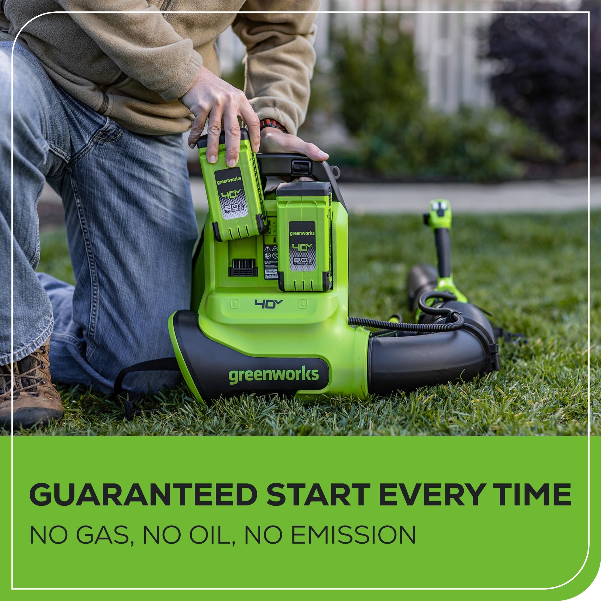 Greenworks blower clearing leaves on driveway for fast yard cleanup