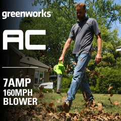 Greenworks blower nozzle close-up showing focused airflow for debris removal