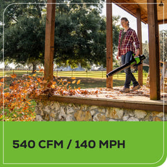 Greenworks blower side profile showing nozzle for concentrated 540 CFM airflow power