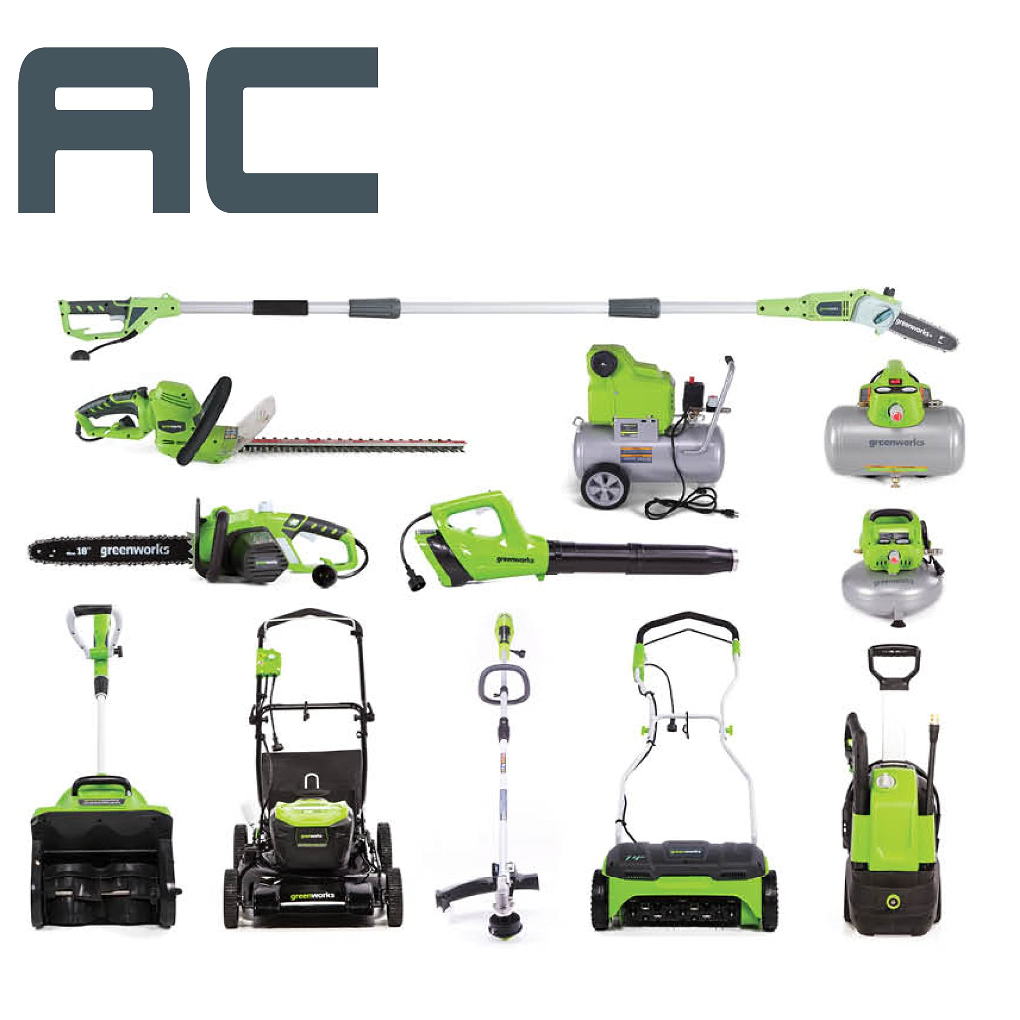 Greenworks blower beside a ruler showing compact scale and easy storage