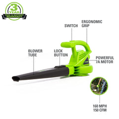 Greenworks blower side profile highlighting lightweight handling benefit