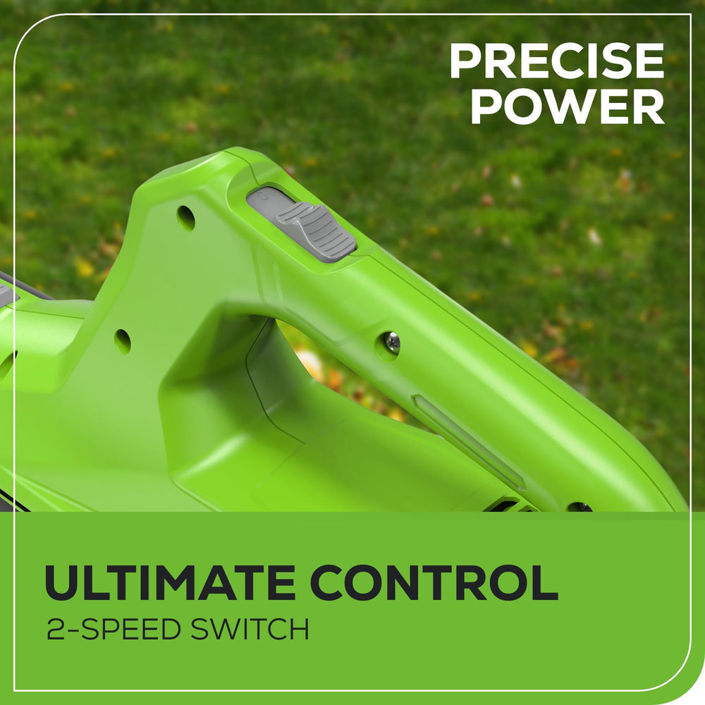 Greenworks blower side profile highlighting lightweight balance and control