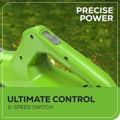 Greenworks blower side profile highlighting lightweight balance and control