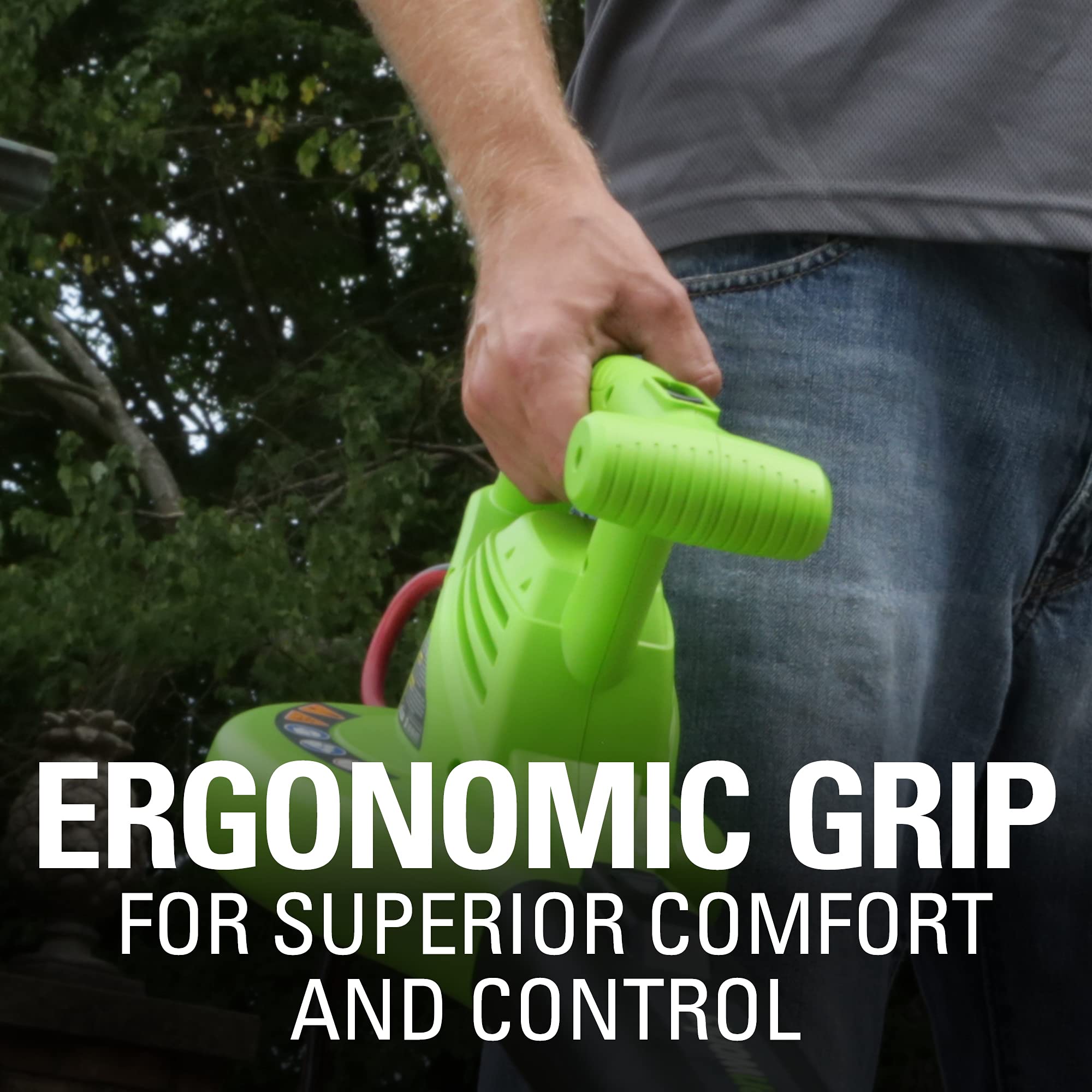 Greenworks blower hung in garage showing convenient storage benefit
